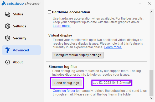 ウイルス対策 - デバッグログの送信 – Splashtop Business - サポート