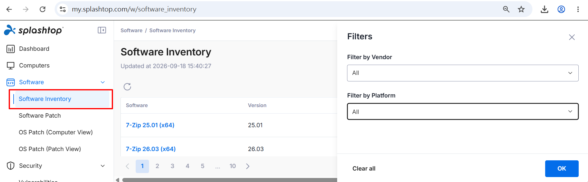Software Inventory page