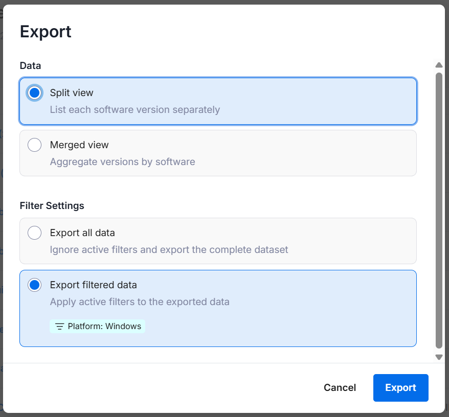 Software Inventory export dialog