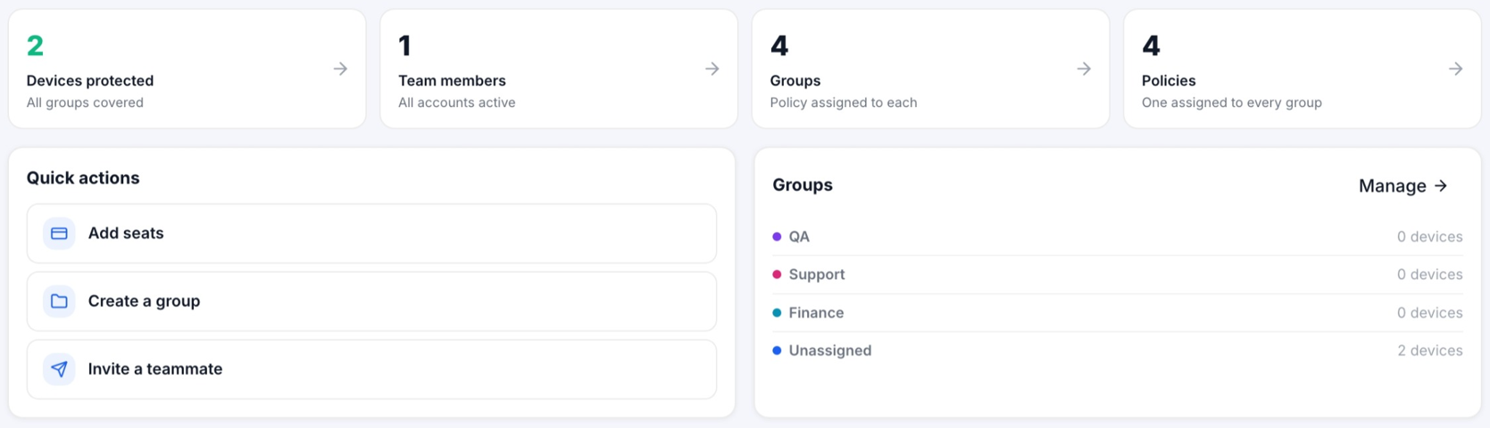 Team information and quick actions