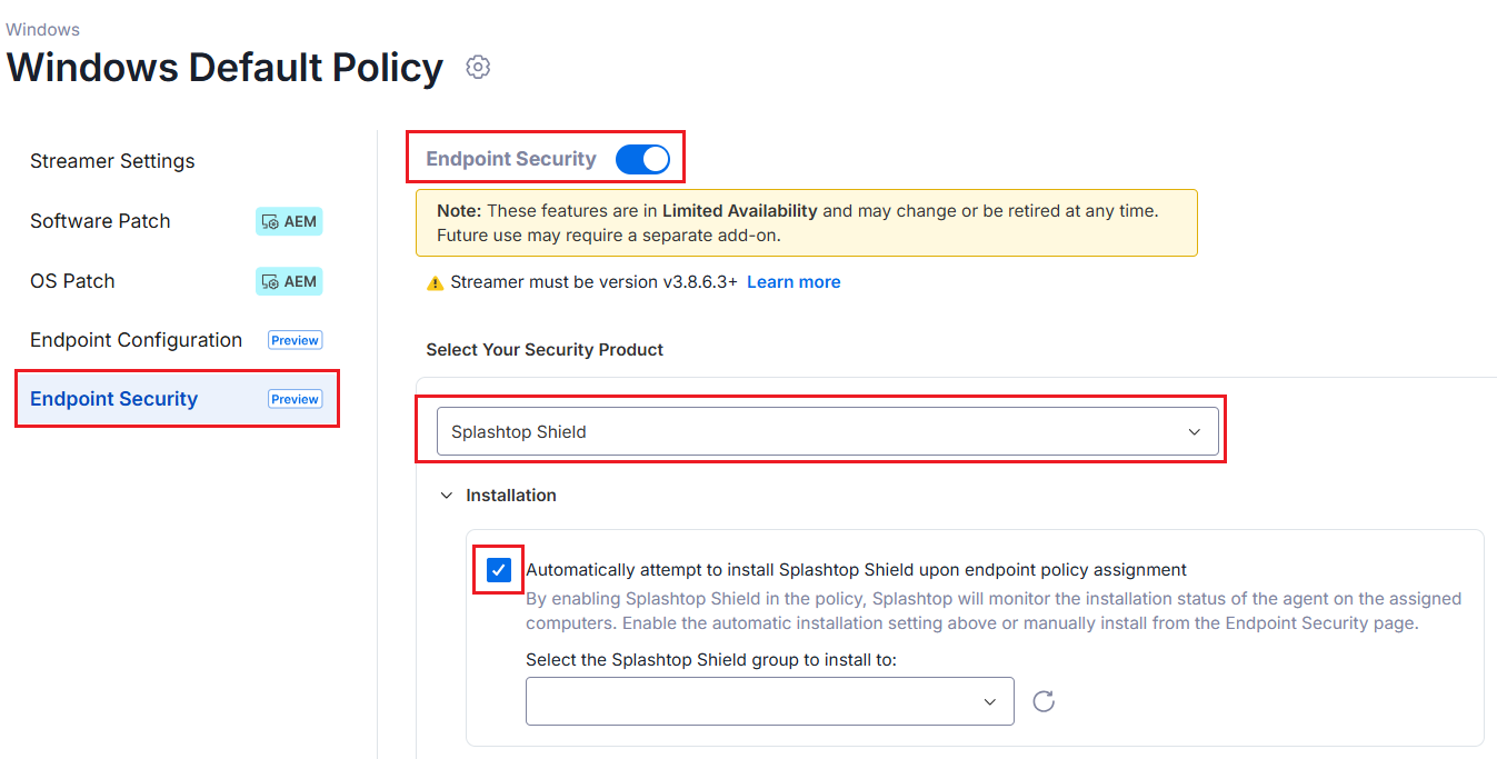 Endpoint Security tab with Splashtop Shield selected and the Installation checkbox