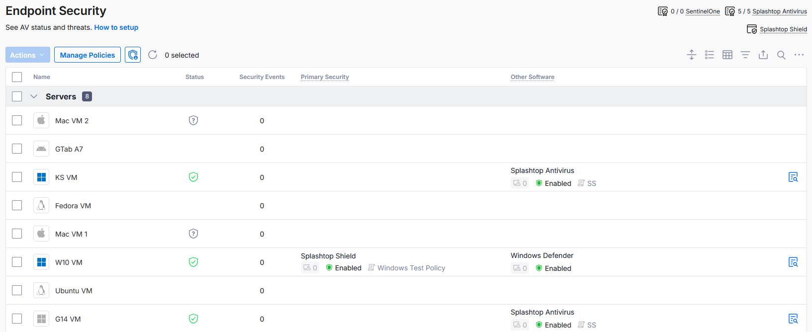 Endpoint Security page with Primary Security and Other Software columns
