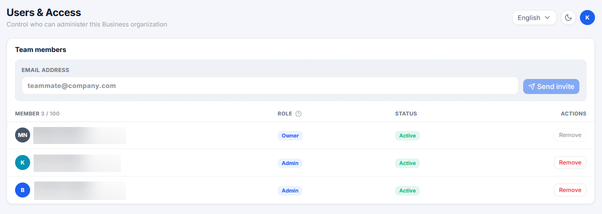 Users and Access member list